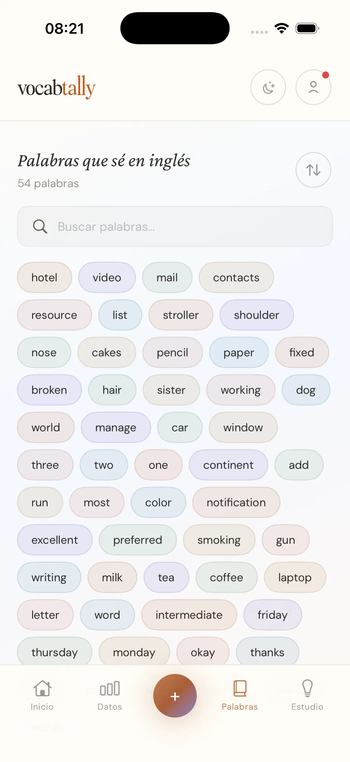 Pantalla de palabras en inglés de VocabTally