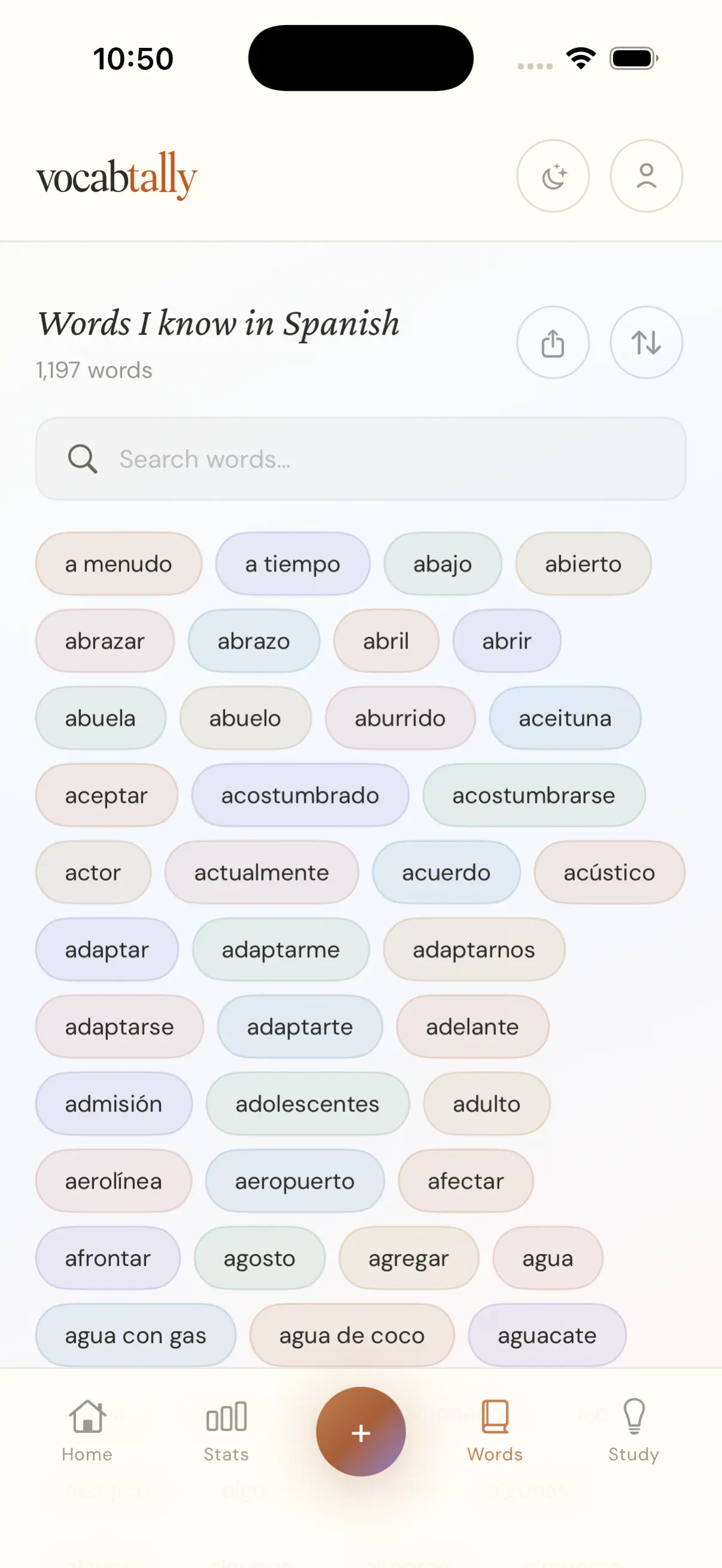 VocabTally word log for reviewing saved vocabulary
